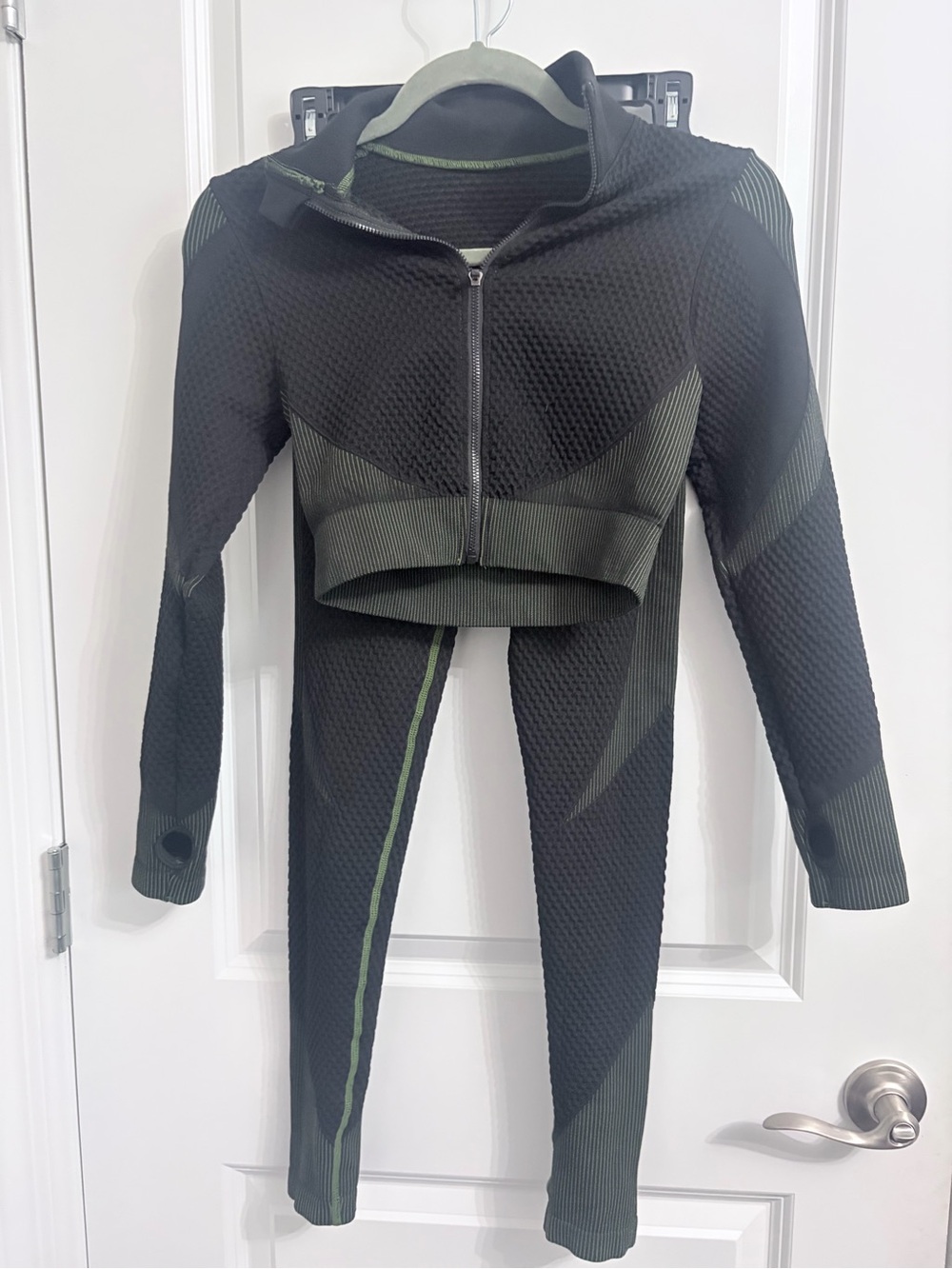 2 Piece Striped Black and Olive Green Textured Active Zip Jacket & leggings